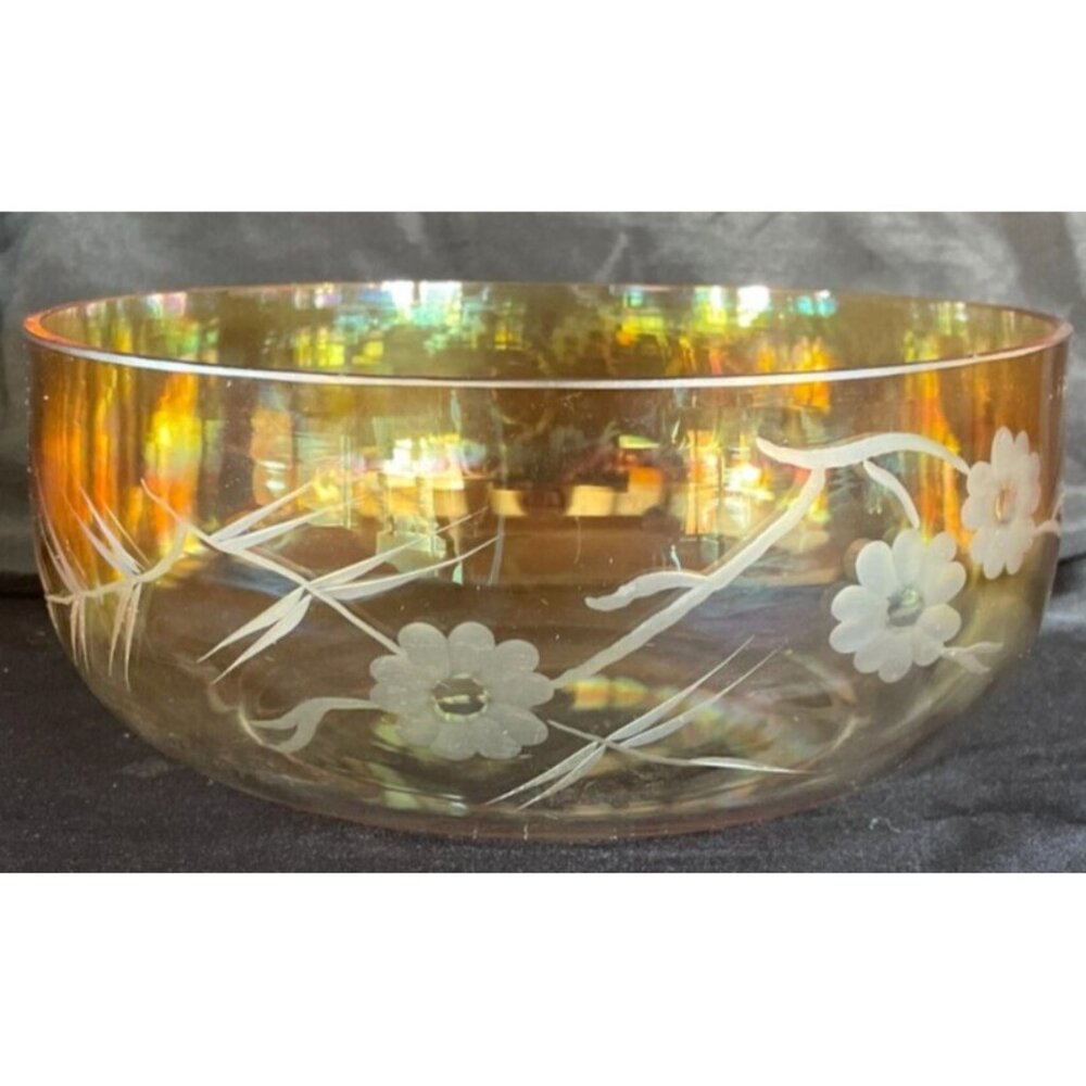 Vintage Mid-Century Amber Iridescent Glass Bowl – 8.5" Etched Floral Design